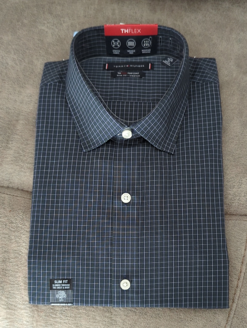 Tommy Hilfiger Men's Navy and Light Blue Checked Dress Shirt